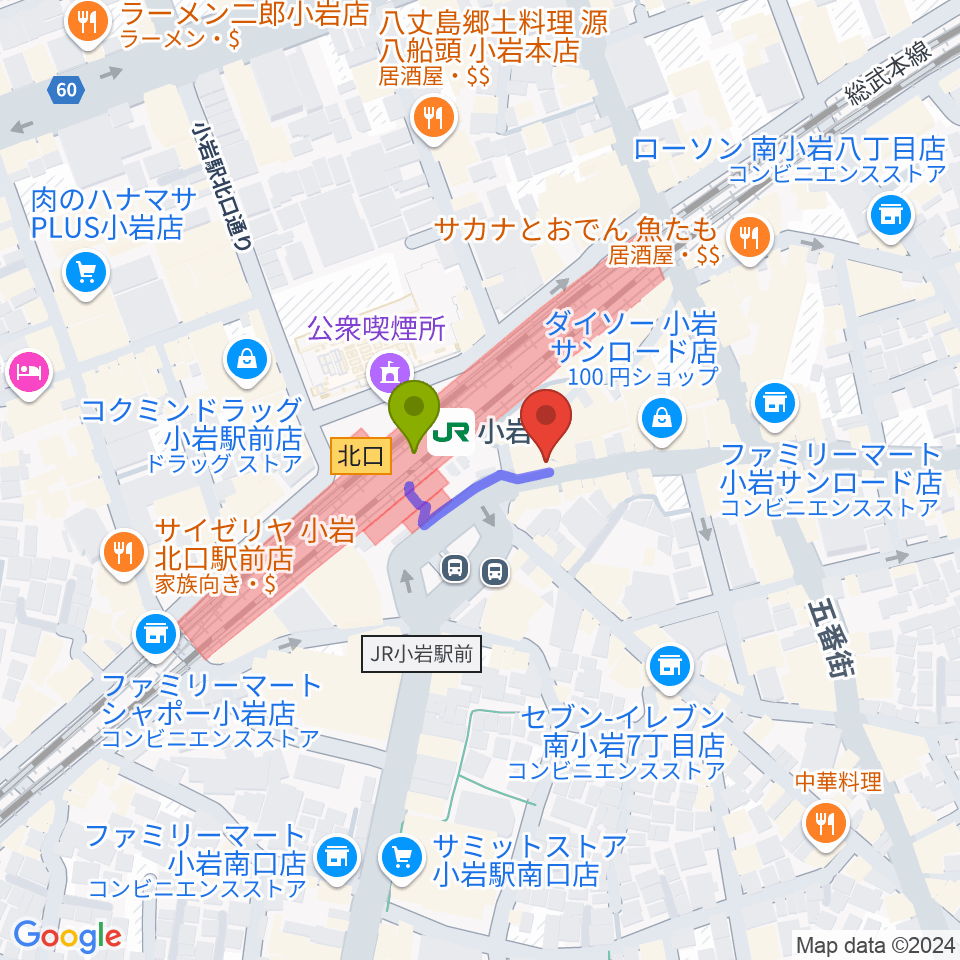 小岩ジョニーエンジェルの最寄駅小岩駅からの徒歩ルート（約1分）地図