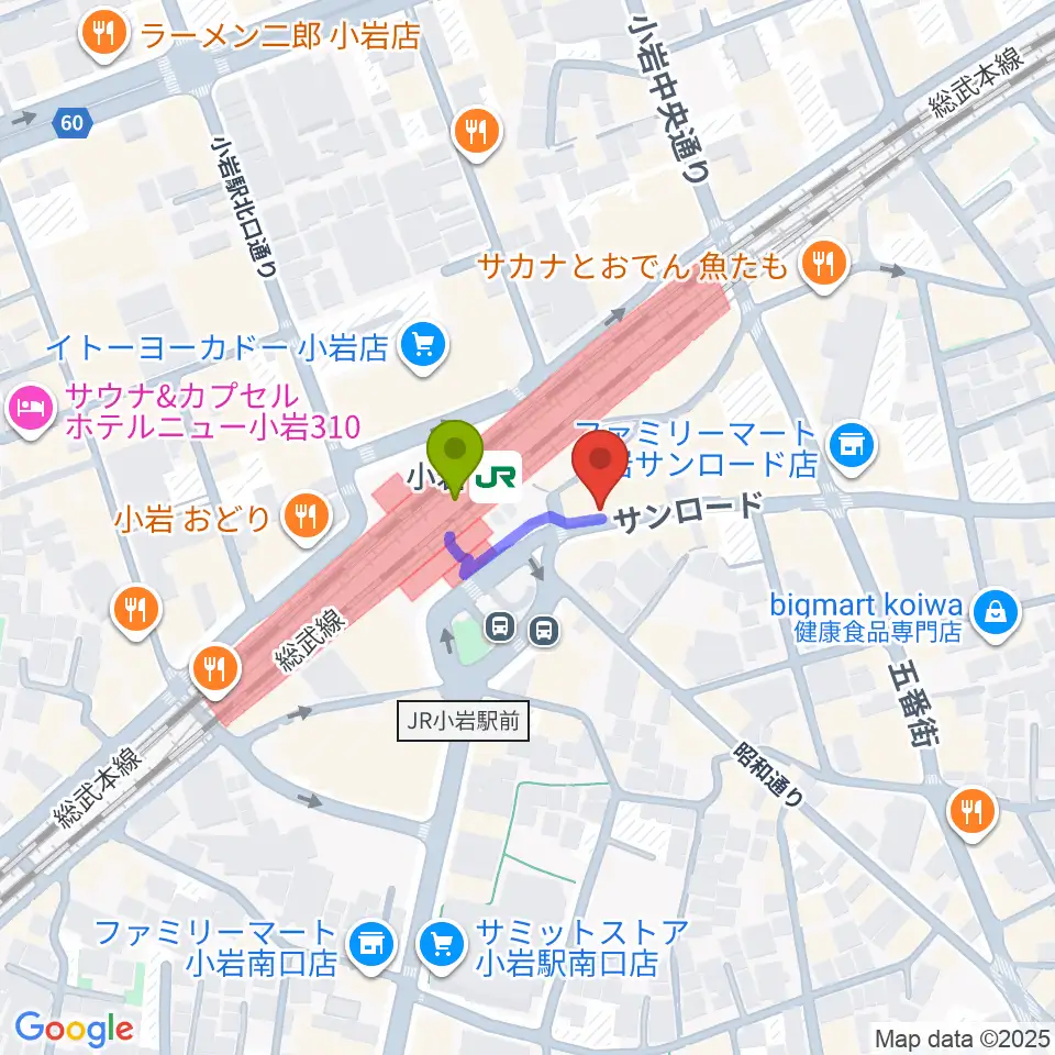 小岩ジョニーエンジェルの最寄駅小岩駅からの徒歩ルート（約1分）地図