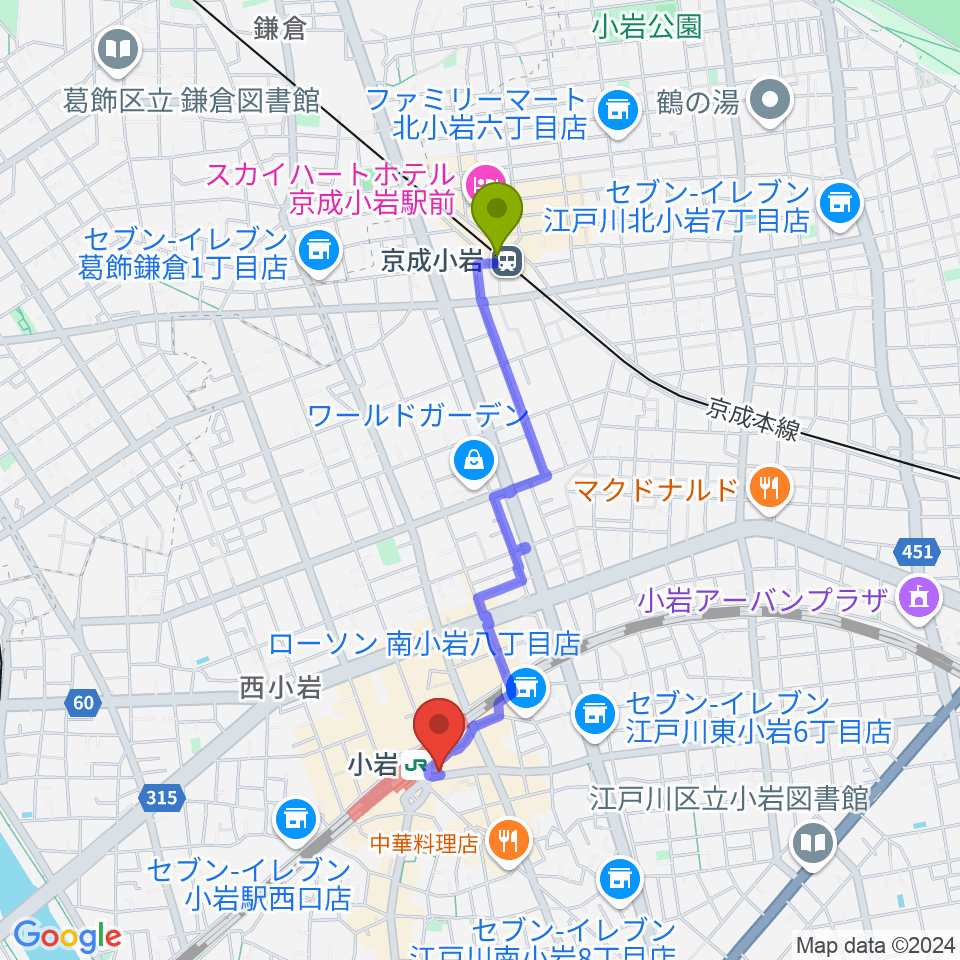 京成小岩駅から小岩ジョニーエンジェルへのルートマップ地図