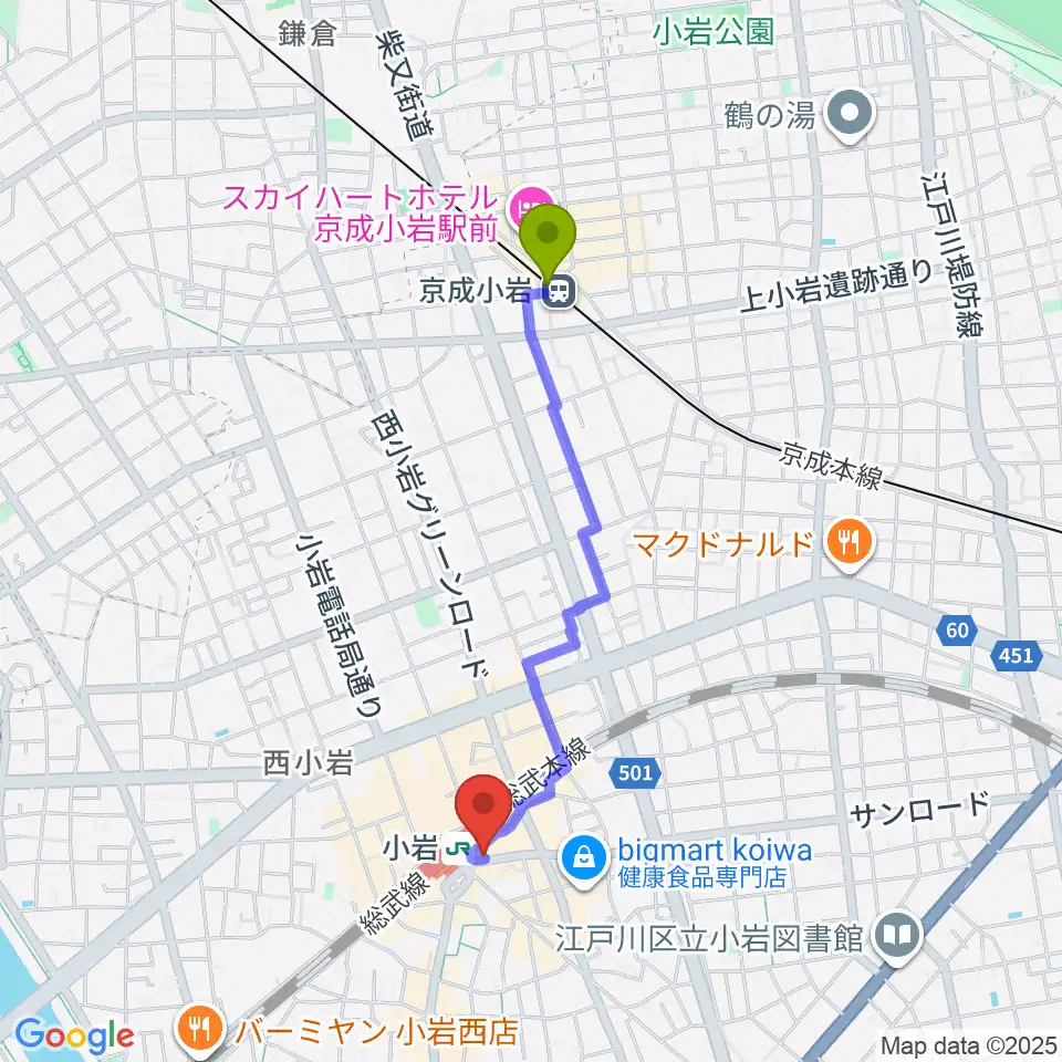 京成小岩駅から小岩ジョニーエンジェルへのルートマップ地図