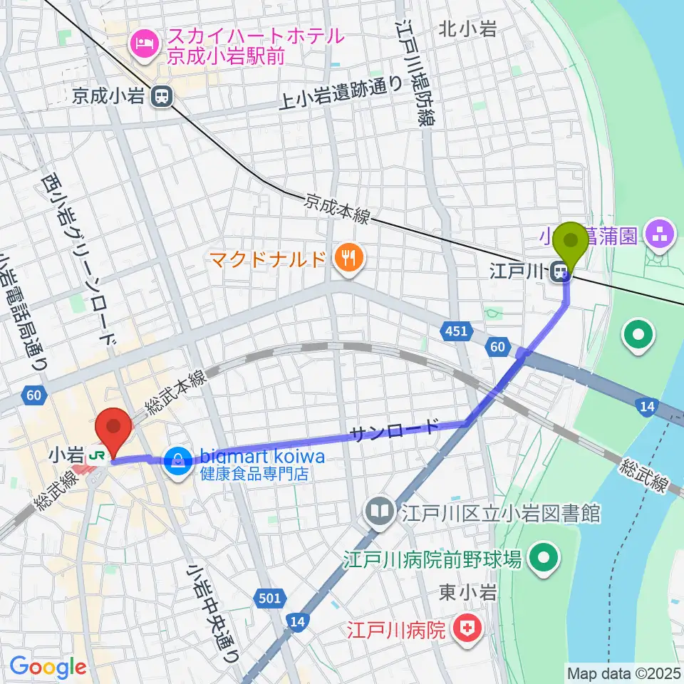 江戸川駅から小岩ジョニーエンジェルへのルートマップ地図