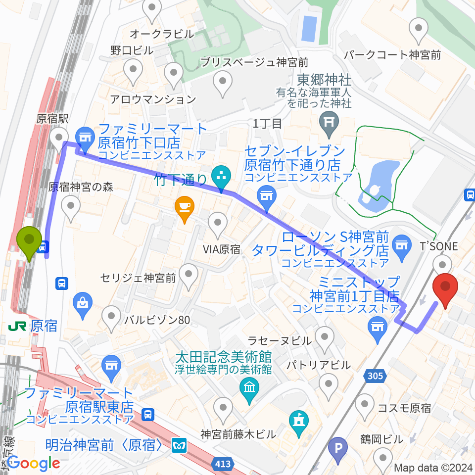 ハーモニー東京センターの最寄駅原宿駅からの徒歩ルート（約7分）地図