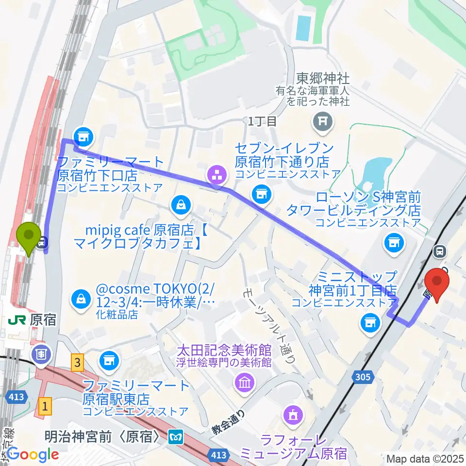 ハーモニー東京センターの最寄駅原宿駅からの徒歩ルート（約7分）地図