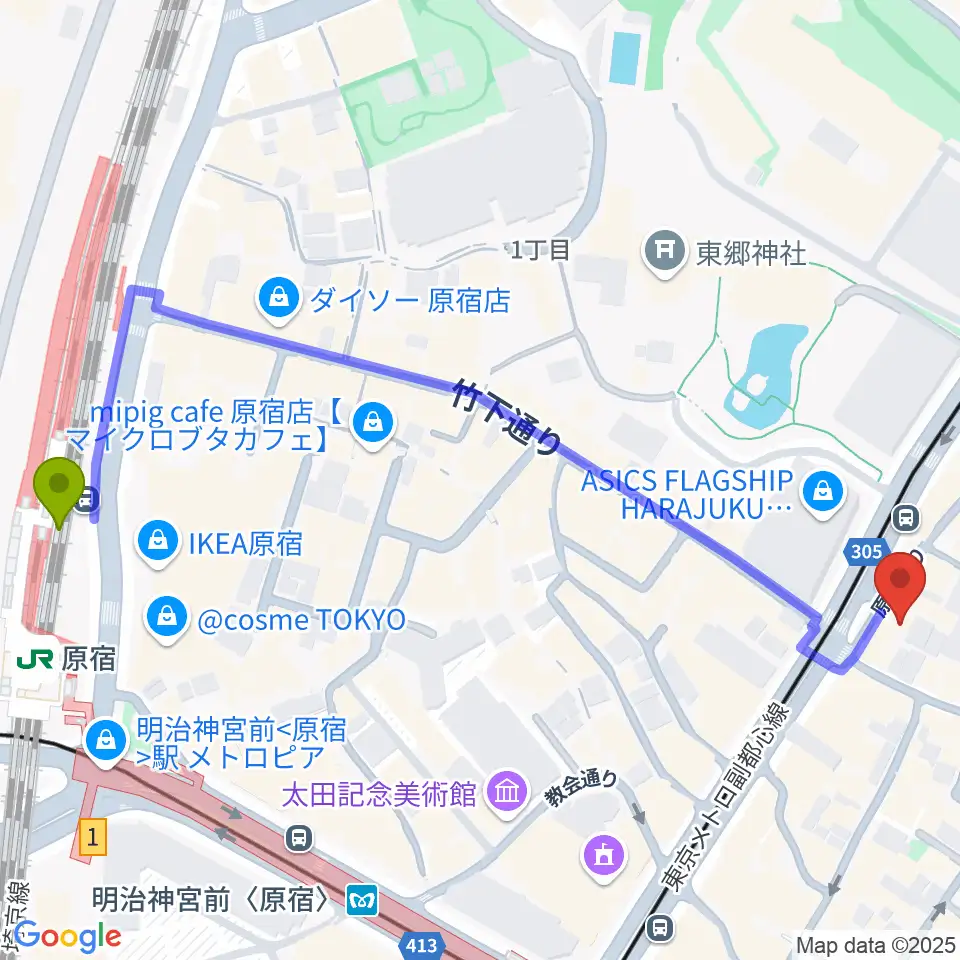 ハーモニー東京センターの最寄駅原宿駅からの徒歩ルート（約7分）地図