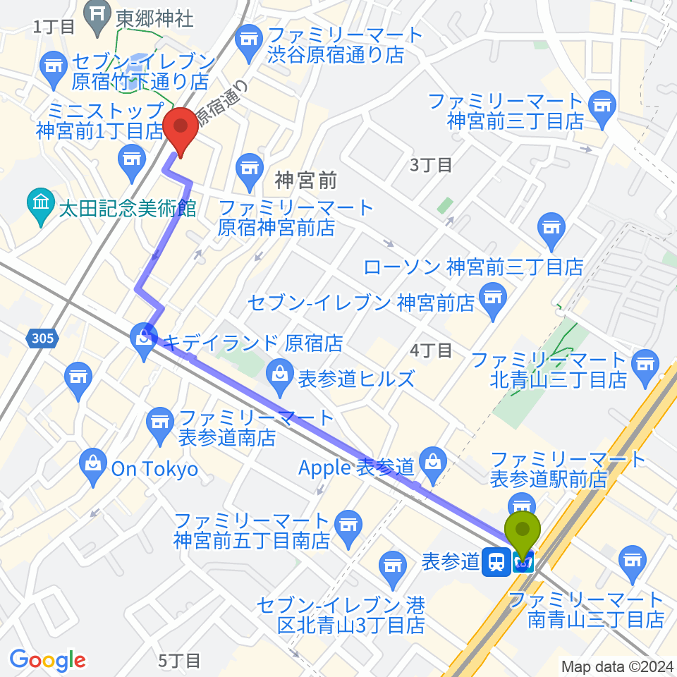 表参道駅からハーモニー東京センターへのルートマップ地図