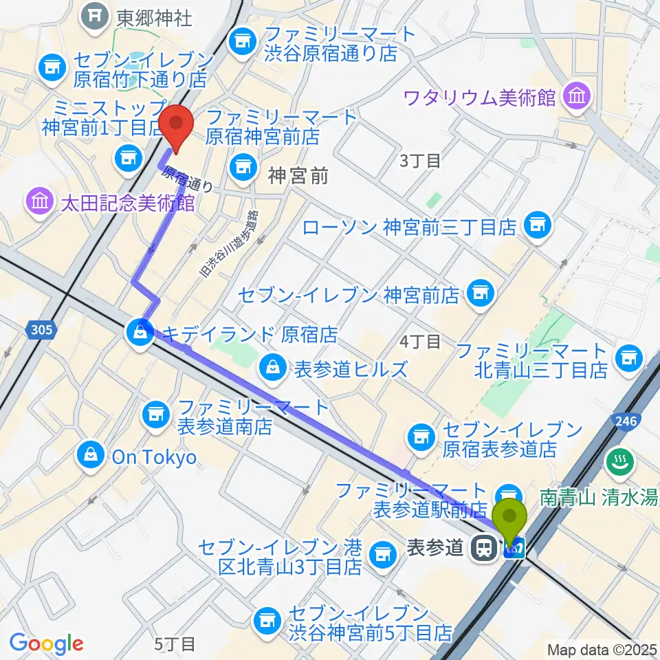 表参道駅からハーモニー東京センターへのルートマップ地図