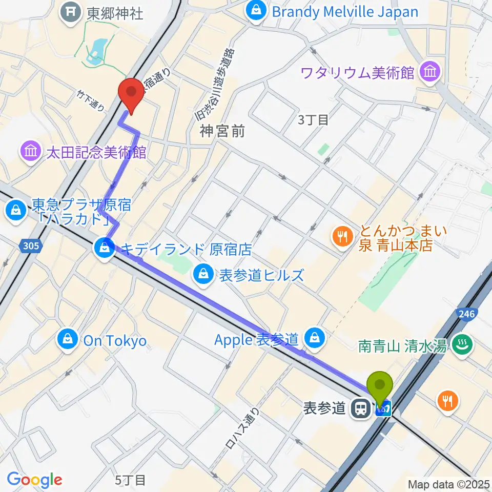 表参道駅からハーモニー東京センターへのルートマップ地図