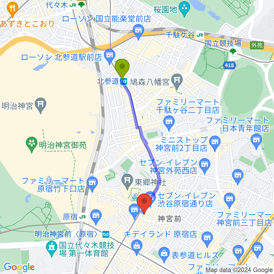 北参道駅からハーモニー東京センターへのルートマップ地図