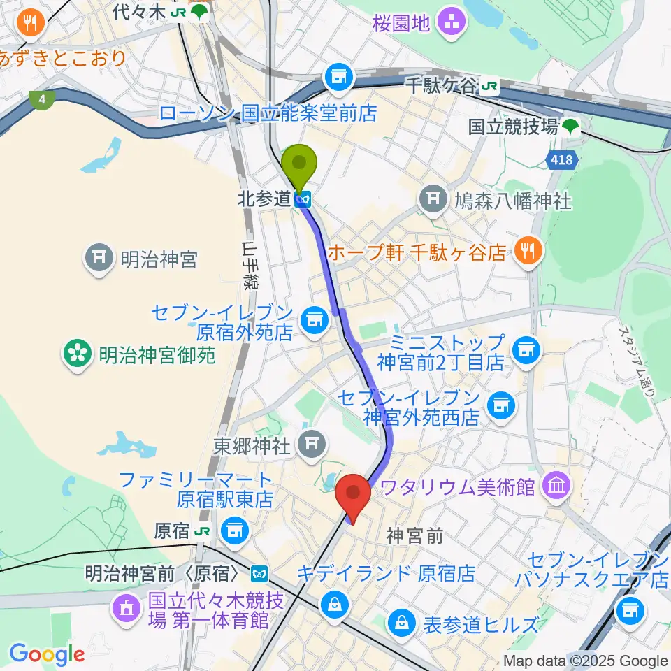 北参道駅からハーモニー東京センターへのルートマップ地図