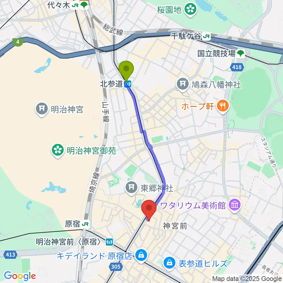 北参道駅からハーモニー東京センターへのルートマップ地図