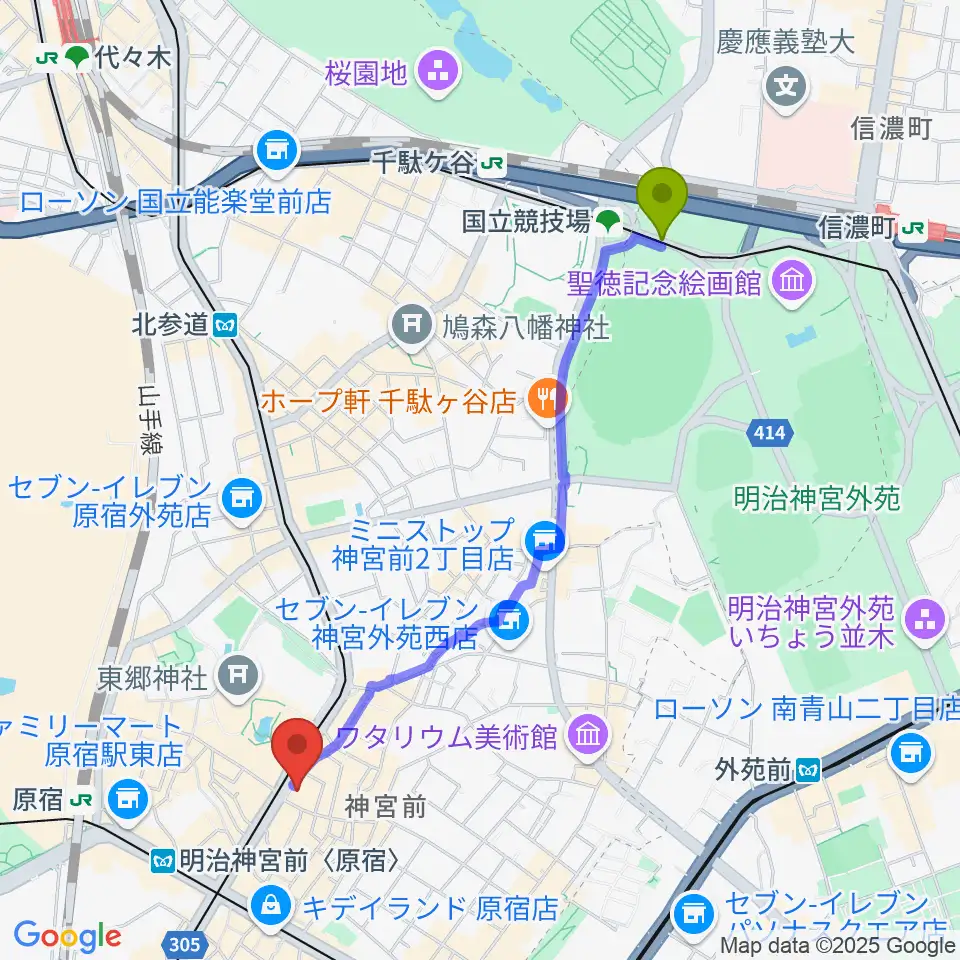 国立競技場駅からハーモニー東京センターへのルートマップ地図