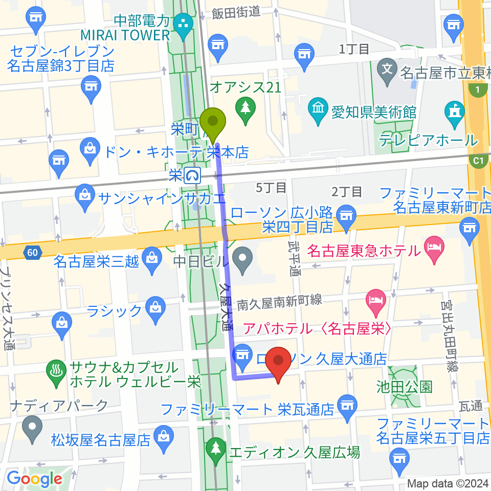 栄町駅からSakae Baseへのルートマップ地図
