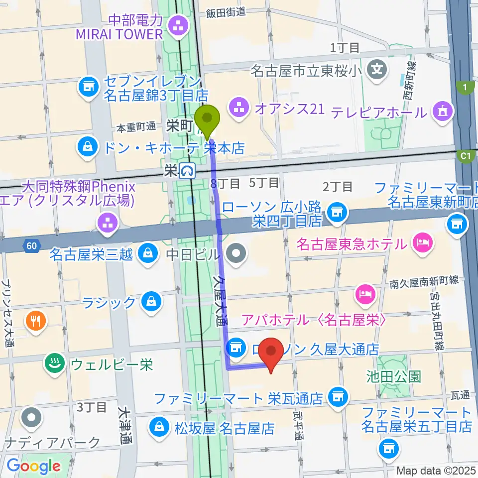 栄町駅からSakae Baseへのルートマップ地図