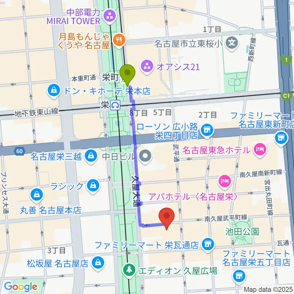 栄町駅からSakae Baseへのルートマップ地図