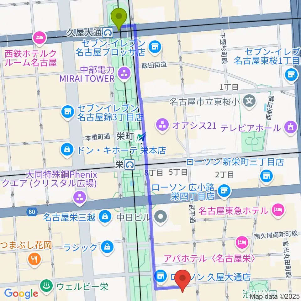 久屋大通駅からSakae Baseへのルートマップ地図