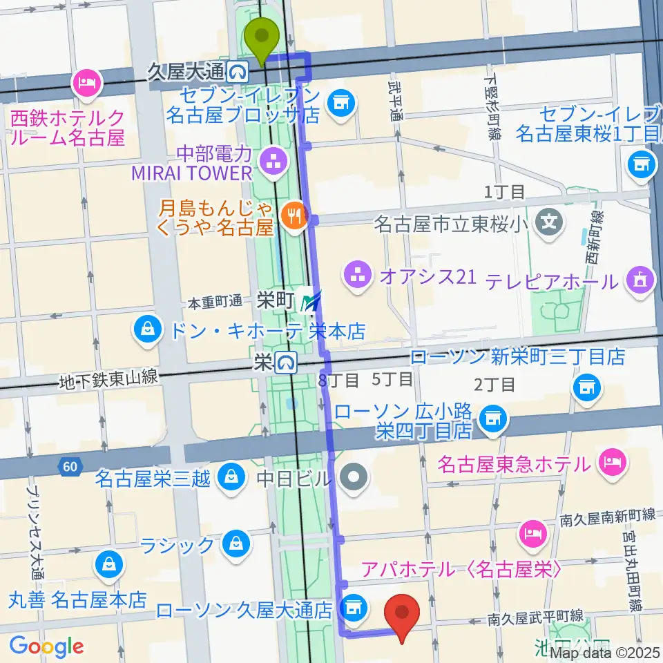 久屋大通駅からSakae Baseへのルートマップ地図