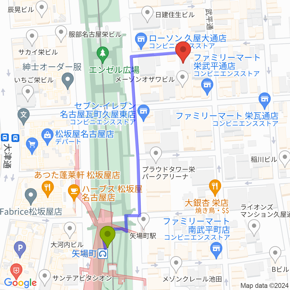 Sakae Baseの最寄駅矢場町駅からの徒歩ルート（約5分）地図