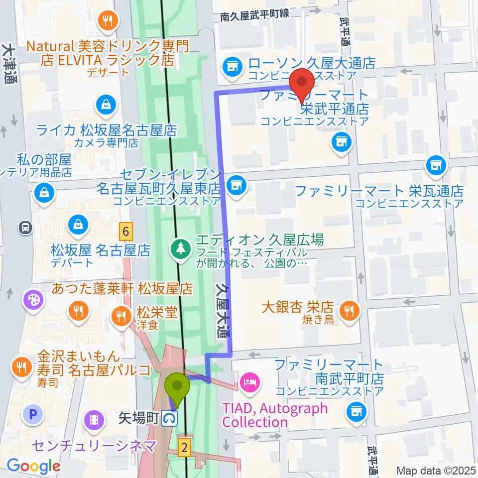 Sakae Baseの最寄駅矢場町駅からの徒歩ルート（約5分）地図