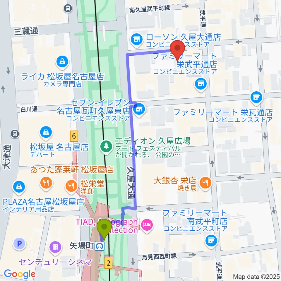 Sakae Baseの最寄駅矢場町駅からの徒歩ルート（約5分）地図