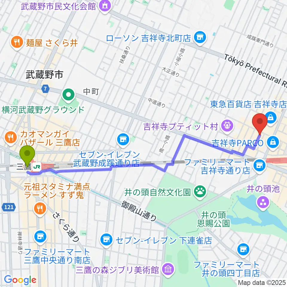 三鷹駅から吉祥寺シルバーエレファントへのルートマップ地図