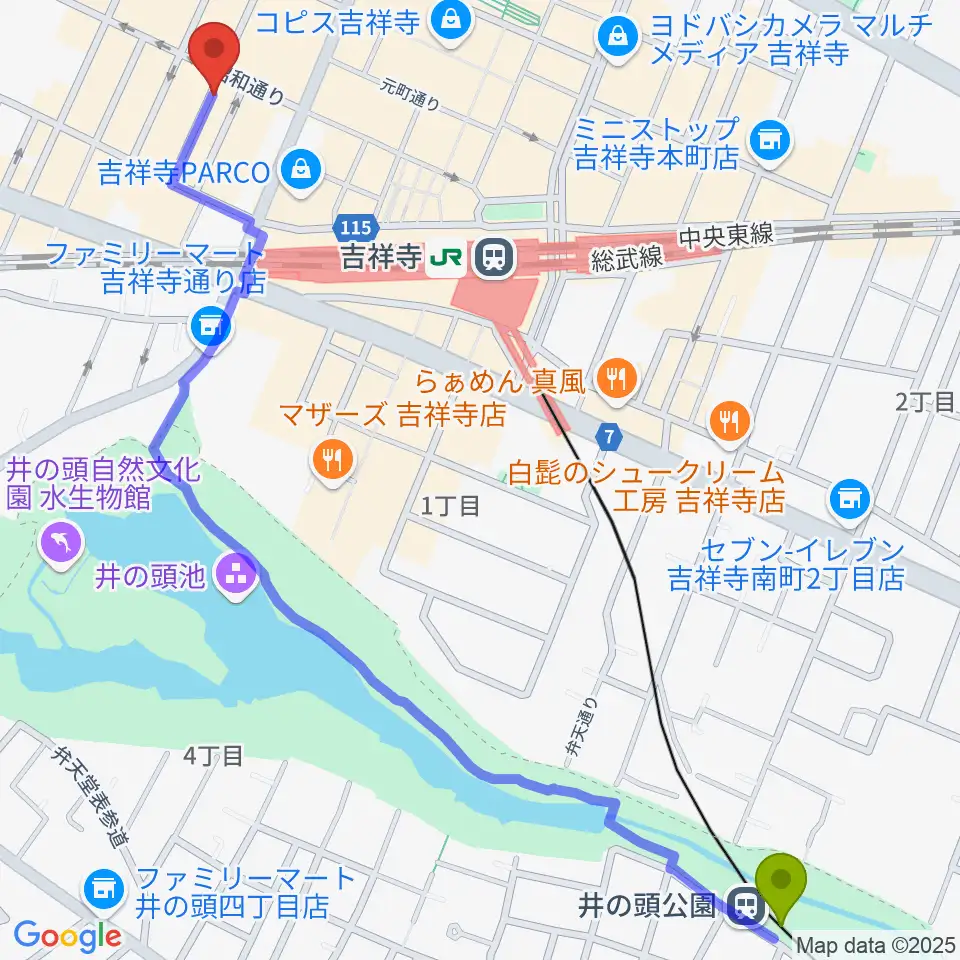 井の頭公園駅から吉祥寺シルバーエレファントへのルートマップ地図