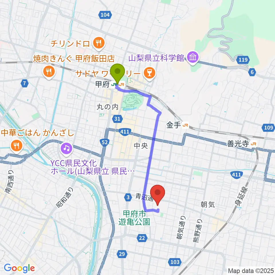 甲府駅からリッチダイヤモンド総合市民会館へのルートマップ地図