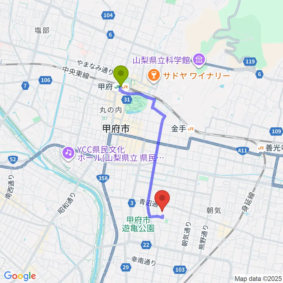 甲府駅からリッチダイヤモンド総合市民会館へのルートマップ地図