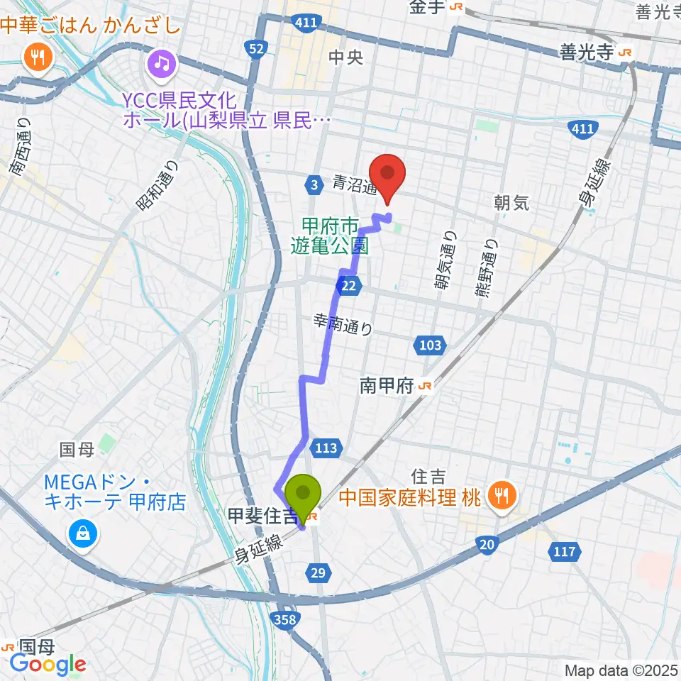 甲斐住吉駅からリッチダイヤモンド総合市民会館へのルートマップ地図