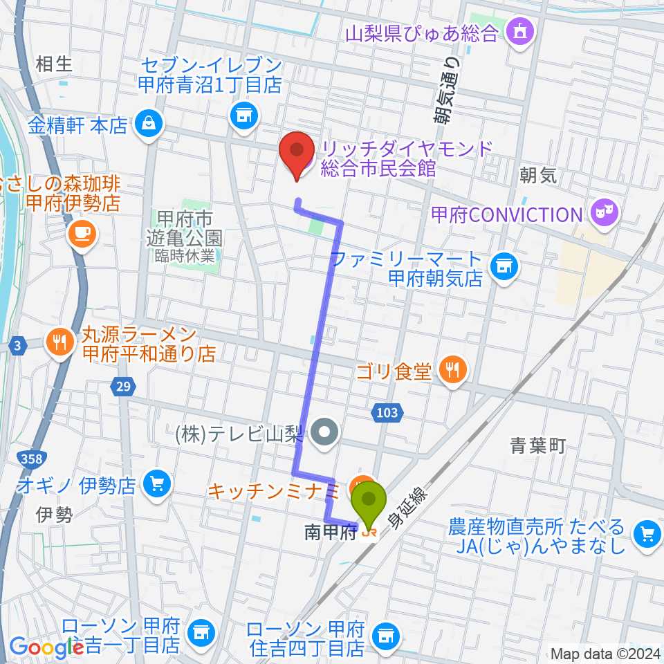 リッチダイヤモンド総合市民会館の最寄駅南甲府駅からの徒歩ルート（約17分）地図