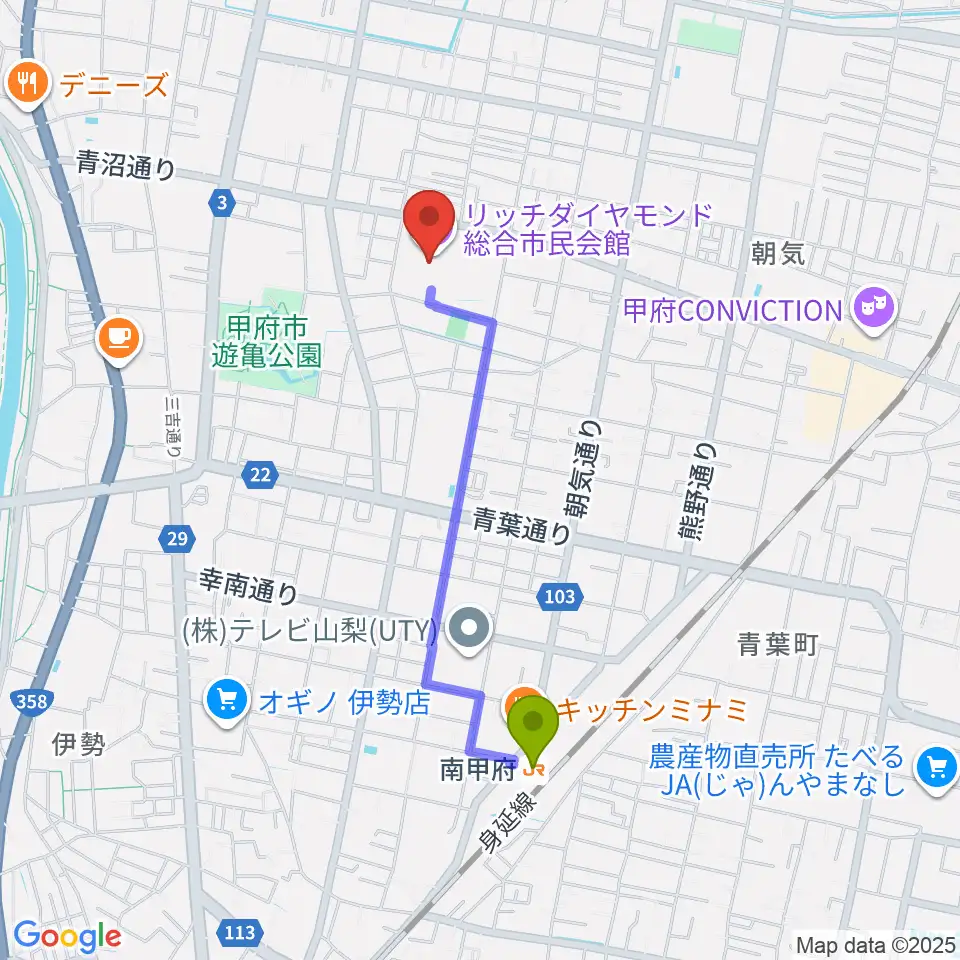 リッチダイヤモンド総合市民会館の最寄駅南甲府駅からの徒歩ルート（約17分）地図