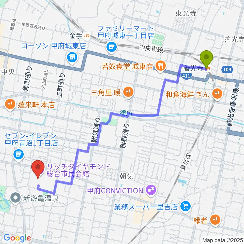 善光寺駅からリッチダイヤモンド総合市民会館へのルートマップ地図