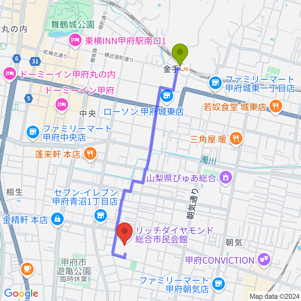 金手駅からリッチダイヤモンド総合市民会館へのルートマップ地図