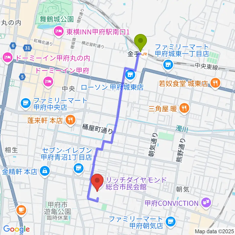 金手駅からリッチダイヤモンド総合市民会館へのルートマップ地図