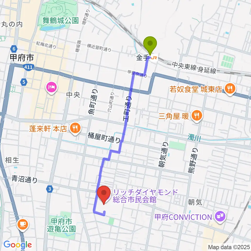 金手駅からリッチダイヤモンド総合市民会館へのルートマップ地図