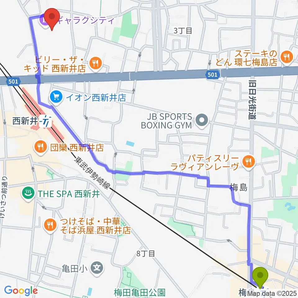 梅島駅から西新井文化ホールへのルートマップ地図