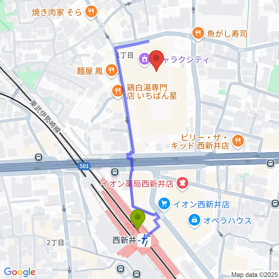西新井文化ホールの最寄駅西新井駅からの徒歩ルート（約4分）地図