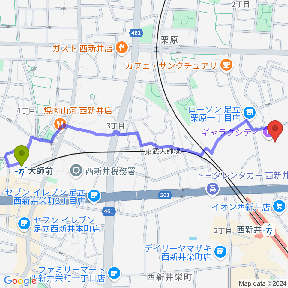 大師前駅から西新井文化ホール（ギャラクホール）へのルートマップ地図