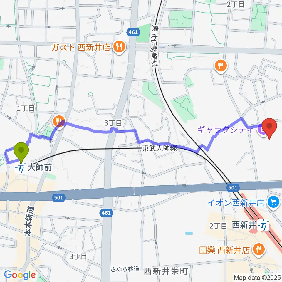 大師前駅から西新井文化ホールへのルートマップ地図