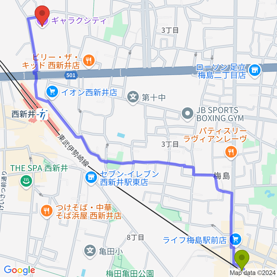 梅島駅からまるちたいけんドームへのルートマップ地図