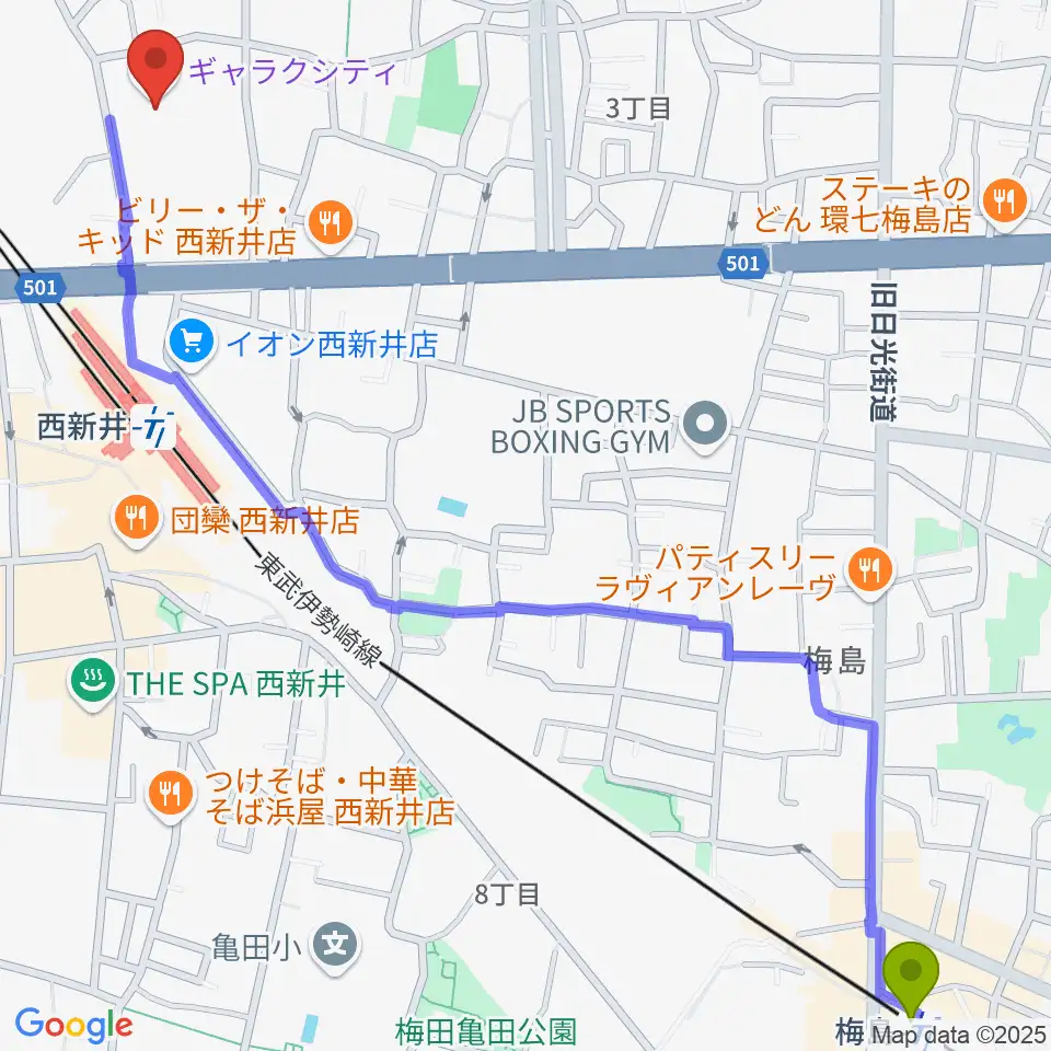 梅島駅からまるちたいけんドームへのルートマップ地図
