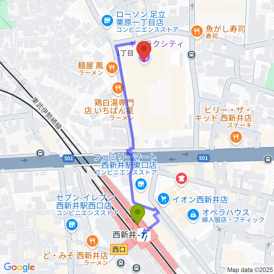 まるちたいけんドームの最寄駅西新井駅からの徒歩ルート（約5分）地図