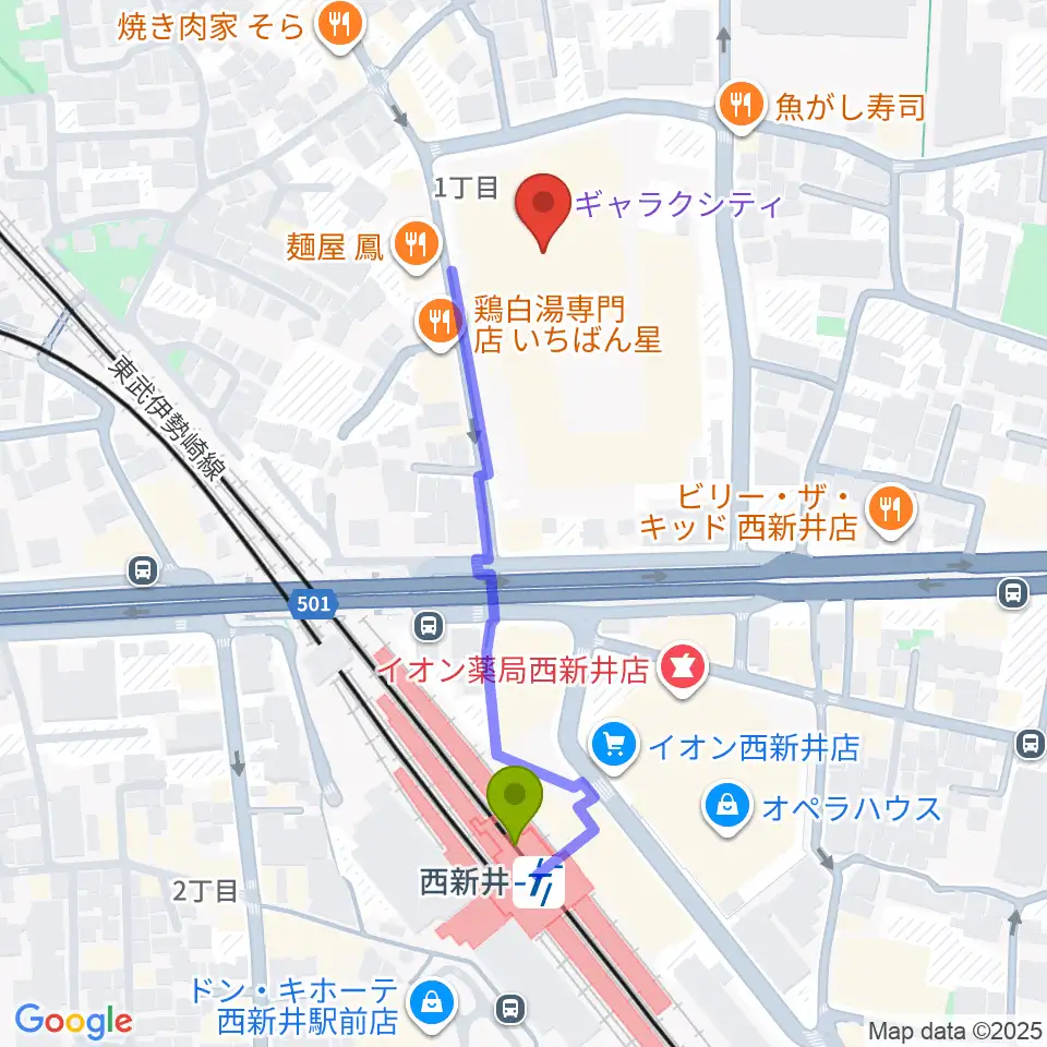 まるちたいけんドームの最寄駅西新井駅からの徒歩ルート（約4分）地図