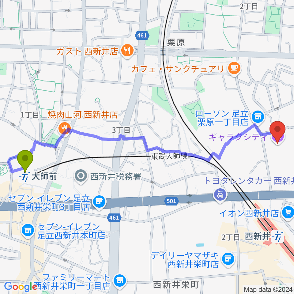 大師前駅からまるちたいけんドームへのルートマップ地図