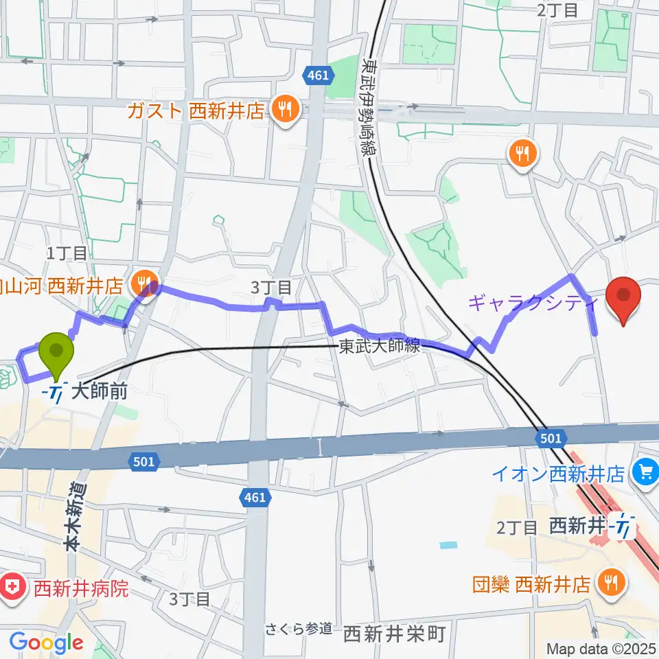 大師前駅からまるちたいけんドームへのルートマップ地図