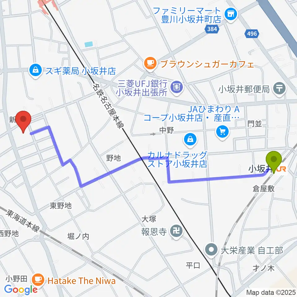 小坂井駅から豊川市小坂井文化会館フロイデンホールへのルートマップ地図