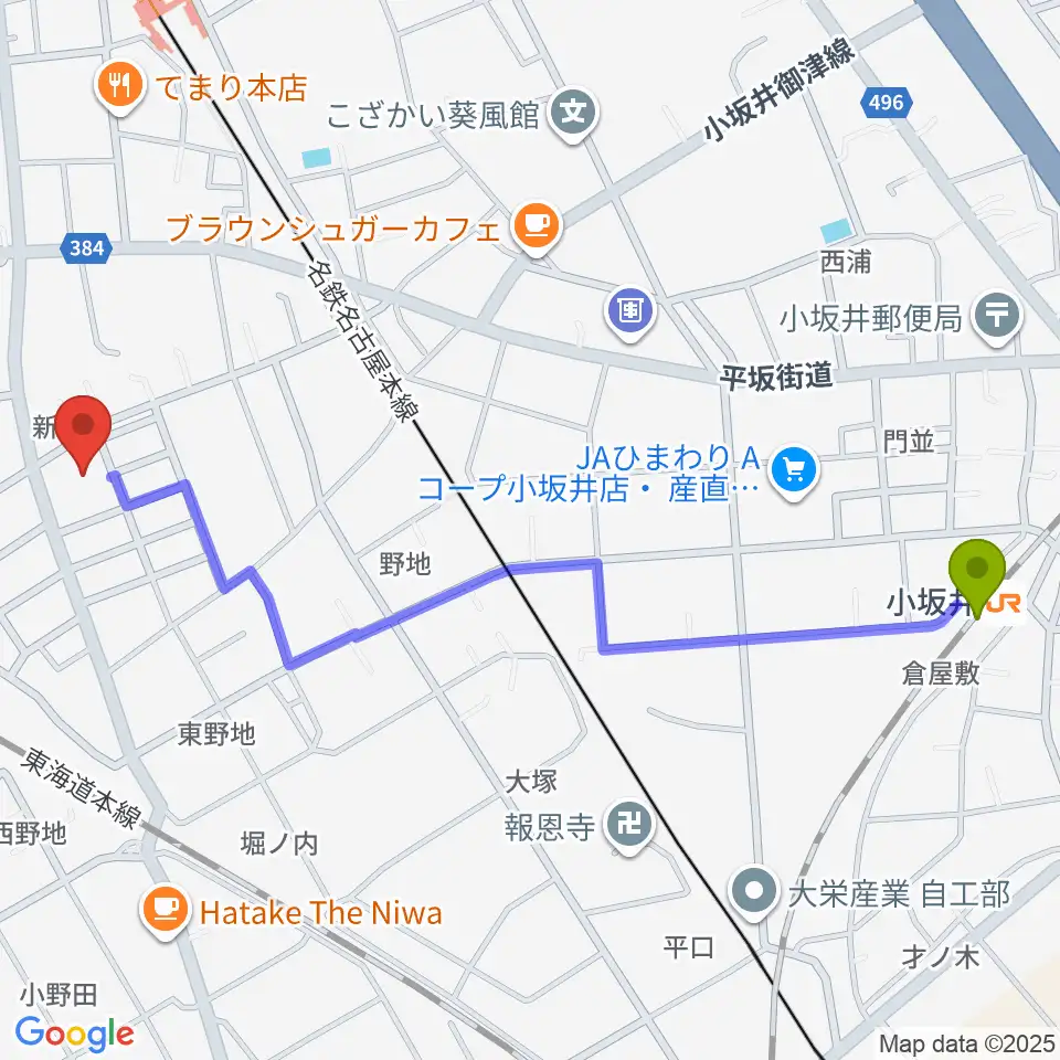 小坂井駅から豊川市小坂井文化会館フロイデンホールへのルートマップ地図
