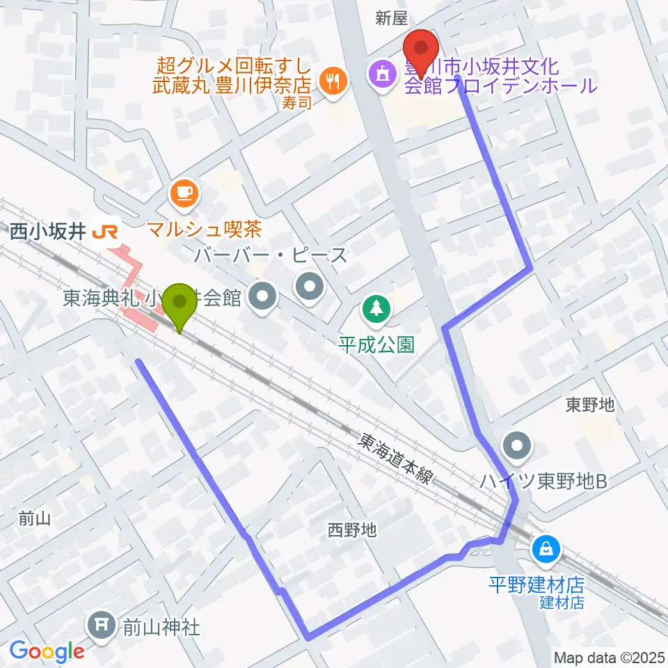 豊川市小坂井文化会館フロイデンホールの最寄駅西小坂井駅からの徒歩ルート（約4分）地図