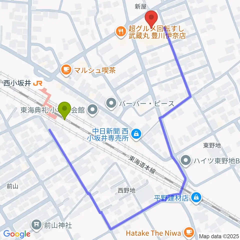 豊川市小坂井文化会館フロイデンホールの最寄駅西小坂井駅からの徒歩ルート（約4分）地図