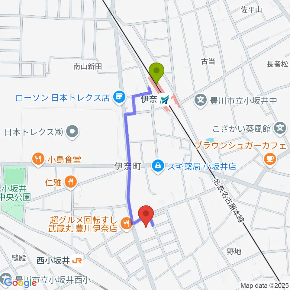 伊奈駅から豊川市小坂井文化会館フロイデンホールへのルートマップ地図