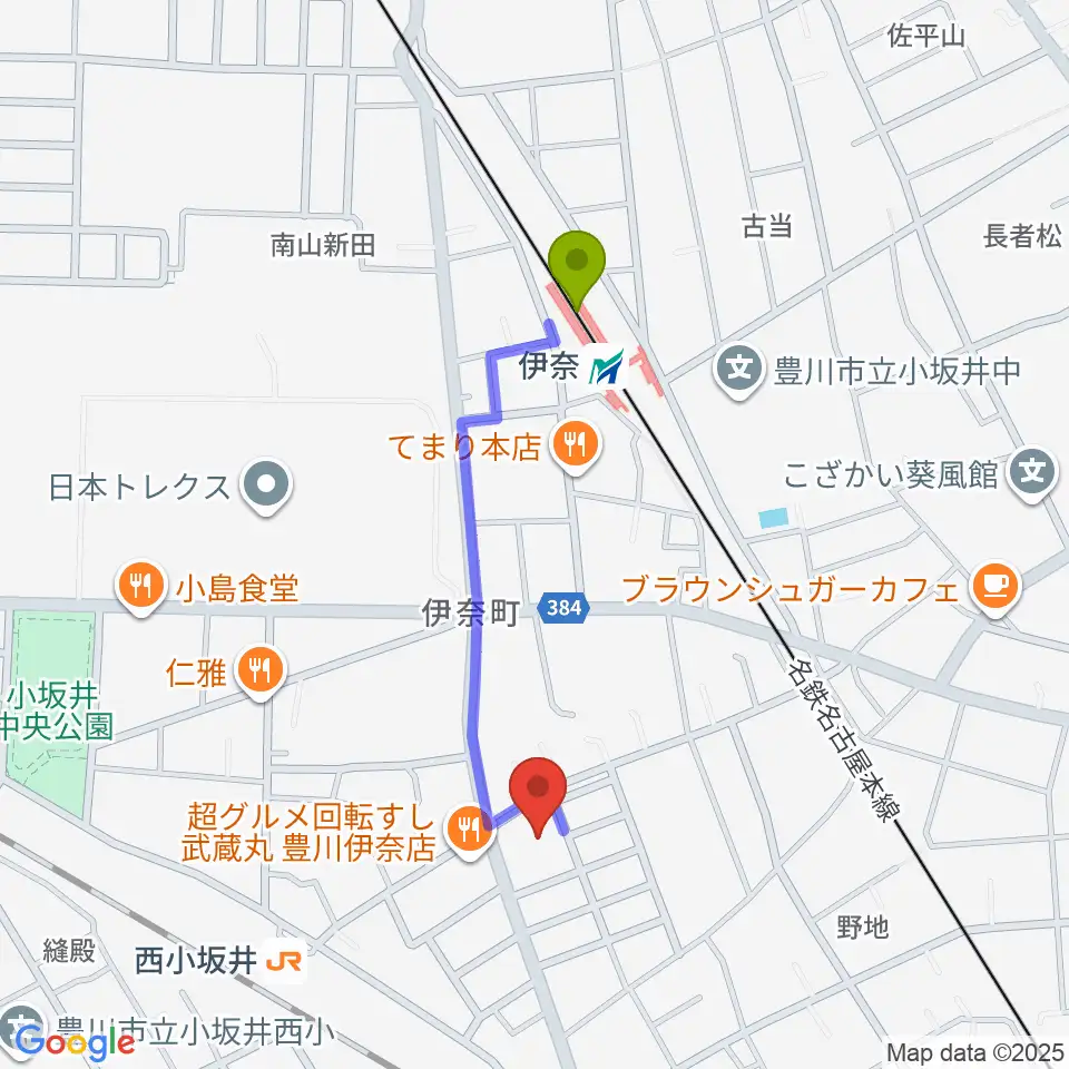 伊奈駅から豊川市小坂井文化会館フロイデンホールへのルートマップ地図